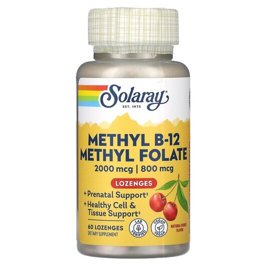 Основное фото товара Methyl B-12 Methyl Folate Natural Cherry Flavor Основное фото товара Solaray, Метил B-12 Метилфолат, Methyl B-12 Methyl Folate, 60 лед