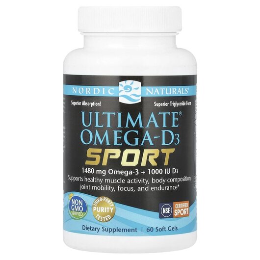 Основне фото товару Ultimate Omega-D3 Sport 1000 mg Основне фото товару Nordic Naturals, Ultimate Omega-D3 Sport, Омега 3, 60 капсул