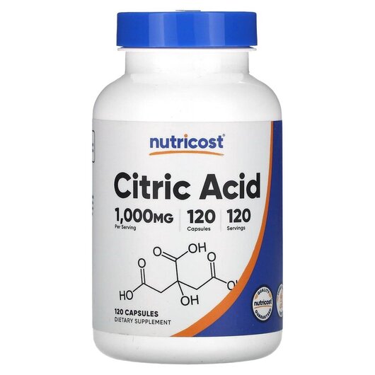 Основне фото товару Nutricost, Citric Acid 1000 mg, Лимонна кислота, 120 капсул