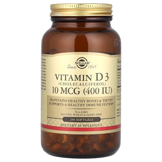 Основне фото товару Vitamin D3 Cholecalciferol 400 IU Основне фото товару Solgar, Vitamin D3 400 IU, Вітамін D3 400 МО, 250 капсул