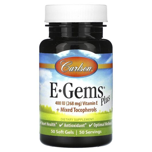 Основне фото товару E-Gems Plus 400 IU 268 mg Основне фото товару Carlson, E-Gems Plus 400 IU 268 mg, Вітамін E Токофероли, 50 капс