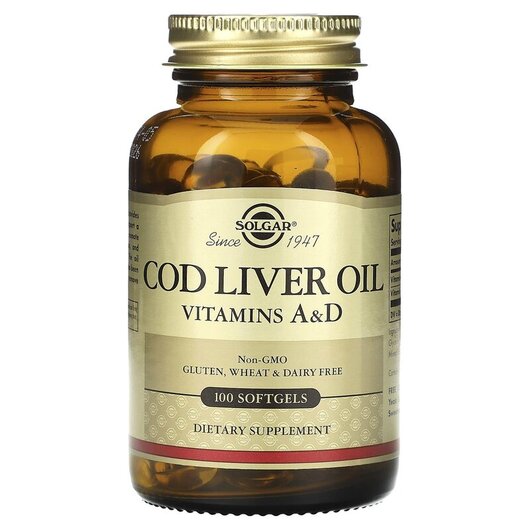 Основне фото товару Cod Liver Oil Основне фото товару Solgar, Cod Liver Oil, Олія печінки тріски, 100 капсул