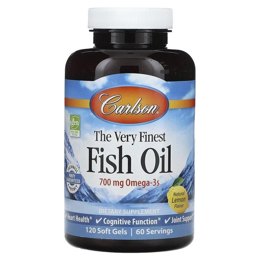 Основне фото товару Carlson, The Very Finest Fish Oil 700 mg Lemon, Омега 3, 120 капс