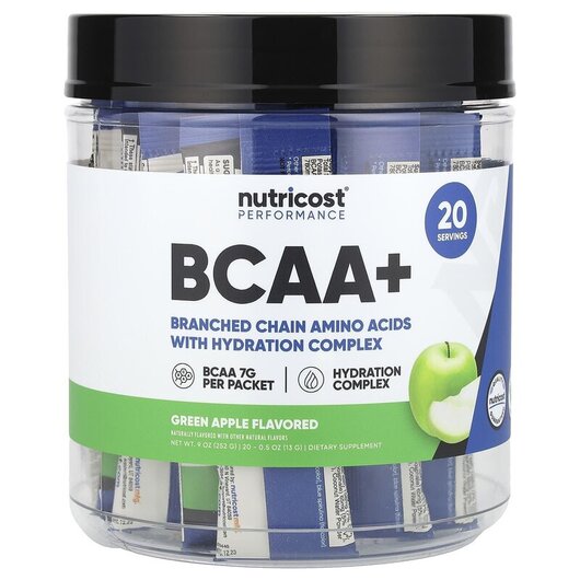 Основне фото товару Performance BCAA+ Green Apple Основне фото товару Nutricost, Performance BCAA+ Green Apple, БЦАА, 20 шт