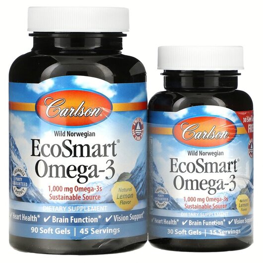 Основное фото товара EcoSmart Omega-3 Natural Lemon Flavor 1000 mg 90 + Основное фото товара Carlson, Рыбий жир Омега-3 1000 мг 90 +, EcoSmart Omega-3, 30 кап