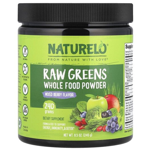 Основное фото товара Naturelo, Супергринс, Raw Greens Whole Food Powder Mixed Berry, 2