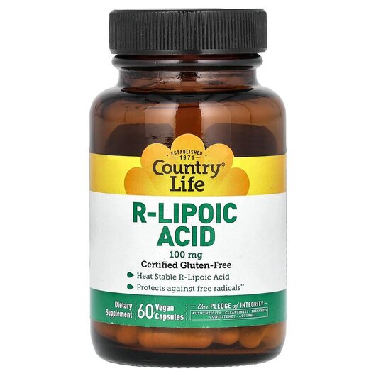 Основне фото товару R-Lipoic Acid 100 mg Основне фото товару Country Life, R-Lipoic Acid 100 mg, R-Ліпоєва кислота, 60 капсул