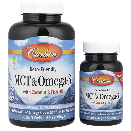 Основне фото товару Carlson, MCT & Omega-3 120 +, МСТ Тригліцериди, 30 капсул
