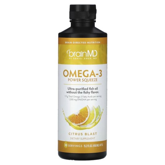 Основне фото товару Omega-3 Power Squeeze Citrus Blast Основне фото товару BrainMD, Omega-3 Power Squeeze Citrus Blast, Омега 3, 477 г