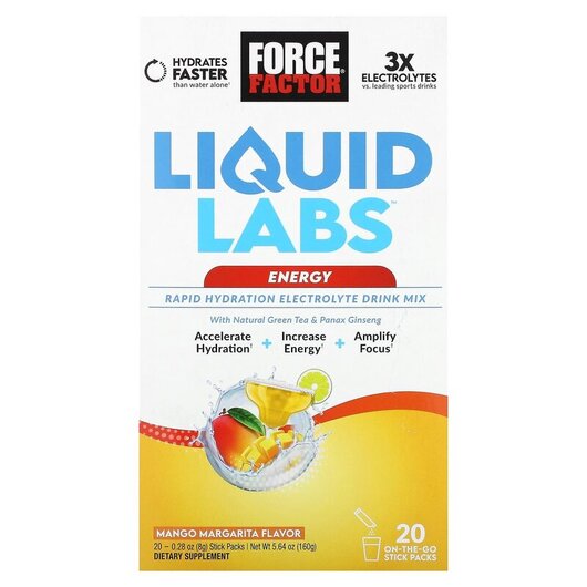 Основне фото товару Liquid Labs Energy Rapid Hydration Electrolyte Drink Mix Mango Margarita 20 Stick Packs Основне фото товару Liquid Labs Energy Rapid Hydration Electrolyte Drink, Електроліти