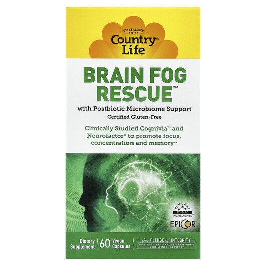 Основне фото товару Country Life, Brain Fog Rescue, Підтримка мозку, 60 капсул