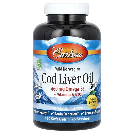 Основне фото товару Cod Liver Oil Gems Natural Lemon 460 mg Основне фото товару Cod Liver Oil Gems Natural Lemon 460 mg, Олія печінки тріски, 150