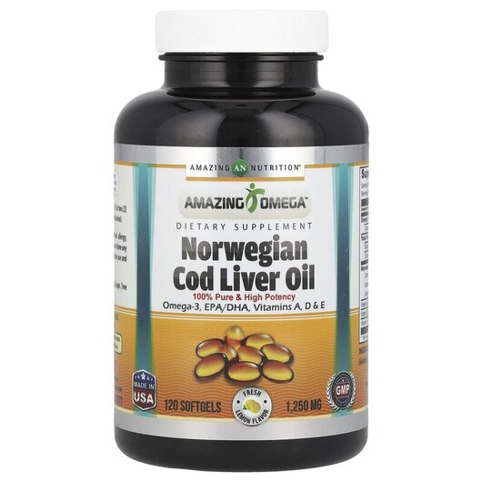 Основне фото товару Norwegian Cod Liver Oil Lemon 1250 mg, Олія печінки тріски, 120 к