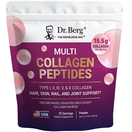 Основне фото товару Multi Collagen Peptides Type I II III V X Основне фото товару Dr. Berg, Multi Collagen Peptides, Колагенові пептиди, 400 г