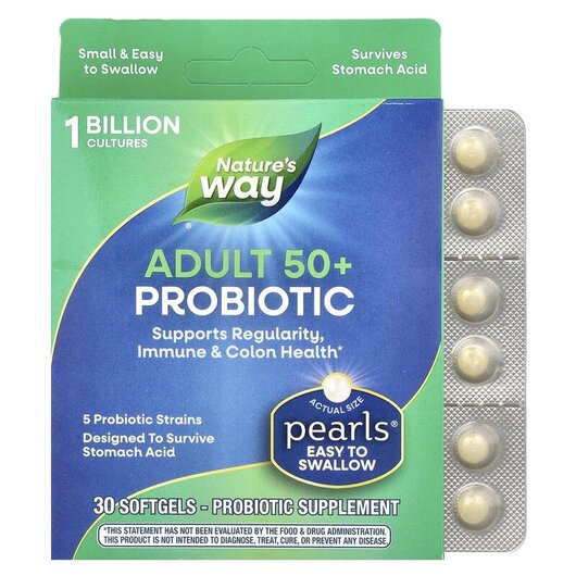 Основне фото товару Nature's Way, Probiotic Pearls Adult 50+, Пробіотики, 30 кап