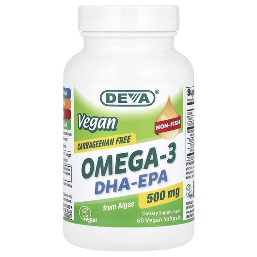 Основне фото товару Deva, Vegan Omega-3 DHA-EPA 500 mg, Веганський Риб'ячий жир,
