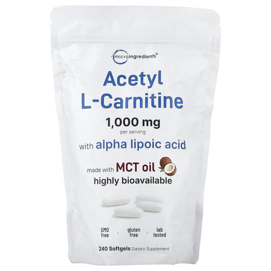 Основне фото товару Acetyl L- Carnitine Основне фото товару Micro Ingredients, Acetyl L- Carnitine, Ацетилкарнітин, 240 капсу