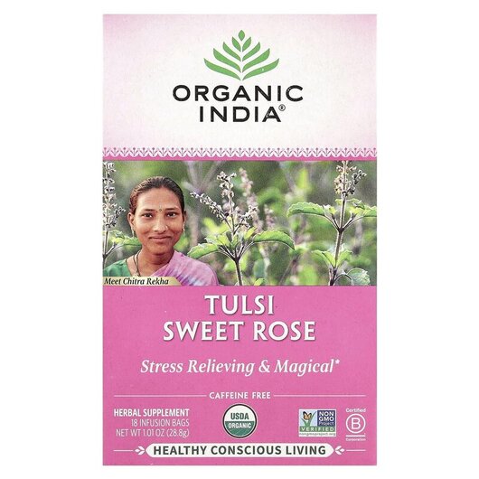 Основне фото товару Tulsi Sweet Rose Caffeine Free 18 Infusion Bags, Кофеїн, 28.8 г