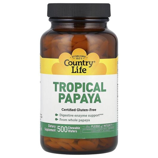Основне фото товару Country Life, Natural Tropical Papaya, Ферменти Папайї, 500 Wafer