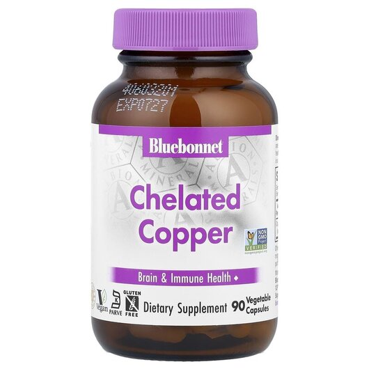 Основне фото товару Chelated Copper Основне фото товару Bluebonnet Nutrition, Chelated Copper, Мідь, 90 капсул