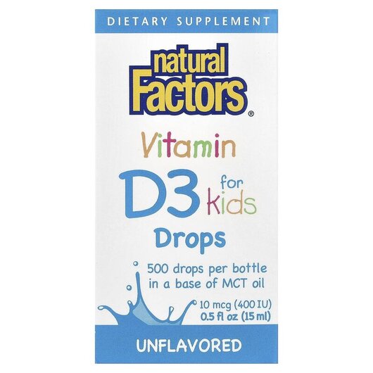 Основное фото товара Natural Factors, Жидкий Витамин D3, Vitamin D3 Drops 400 IU, 15 м