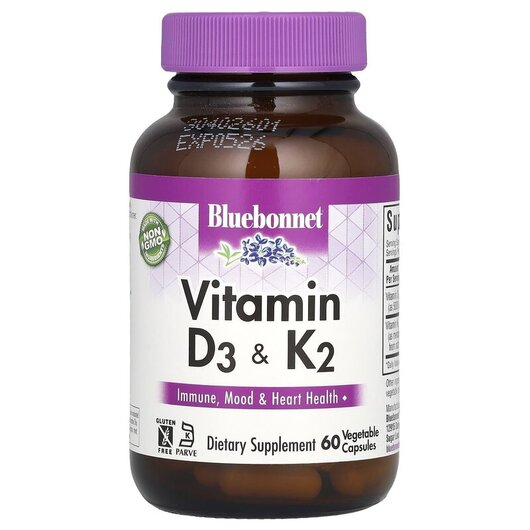 Основне фото товару Vitamin D3 & K2 Основне фото товару Bluebonnet Nutrition, Vitamin D3 & K2, Вітаміни D3 та K2, 60