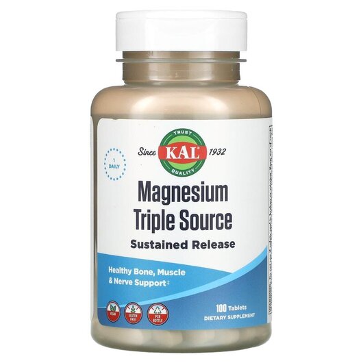 Основное фото товара KAL, Магний, Magnesium Triple Source SR 500 mg, 100 таблеток