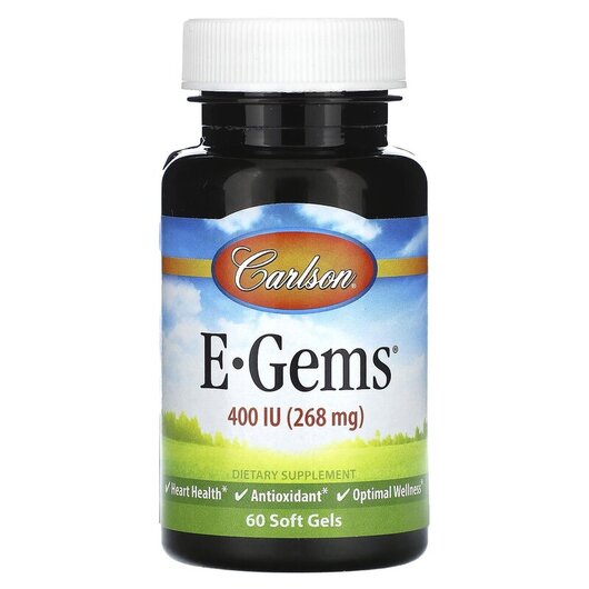 Основне фото товару E-Gems 400 IU 268 mg Основне фото товару Carlson, E-Gems 400 IU 268 mg, Вітамін E Токофероли, 60 капсул