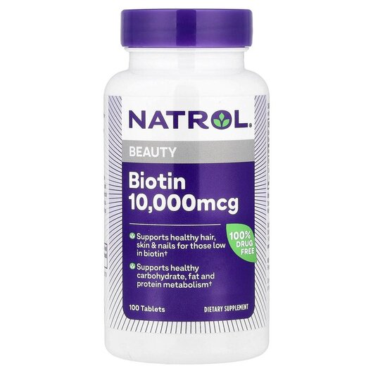 Основне фото товару Natrol, Biotin Beauty 10000 mcg, Біотин 10000 мкг, 100 таблеток