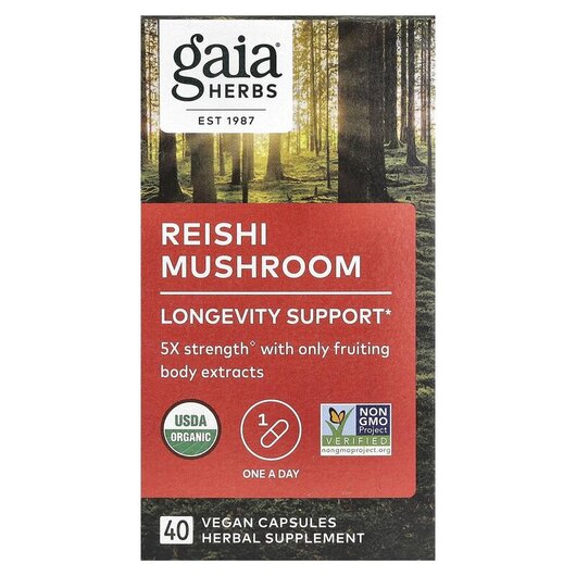 Основне фото товару Reishi Mushroom Основне фото товару Gaia Herbs, Reishi Mushroom, Гриб Рейши, 40 капсул