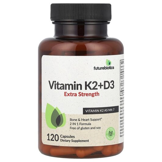 Основне фото товару Vitamin K2 + D3 Extra Strength Основне фото товару Future Biotics, Vitamin K2 + D3 Extra, Вітаміни D3 та K2, 120 кап