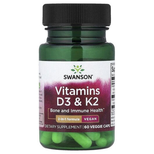 Основное фото товара Vitamins D3 & K2 Основное фото товара Swanson, Витамины, Vitamins D3 & K2, 60 капсул
