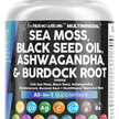 Фото товару Sea Moss Black Seed Oil Ashwagandha Turmeric Bladderwrack Burdock & Vitamin C Vitamin D3 with Elderberry Manuka Dandelion Yellow Dock Iodine Chlorophyll ACV Фото товару Sea Moss Black Seed Oil Ashwagandha, Ірландський морський мох, 60