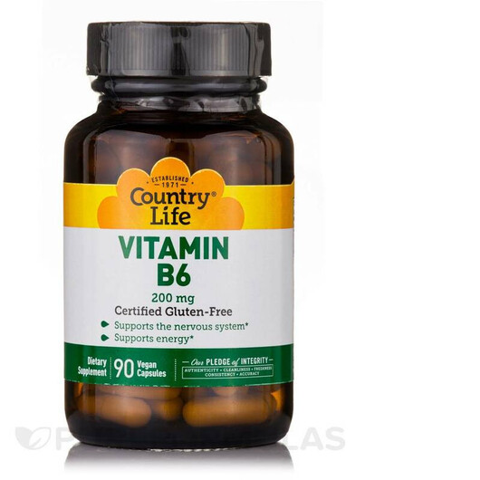 Основне фото товару Country Life, Vitamin B6 200 mg, Вітамін B6 Піридоксин, 90 капсул