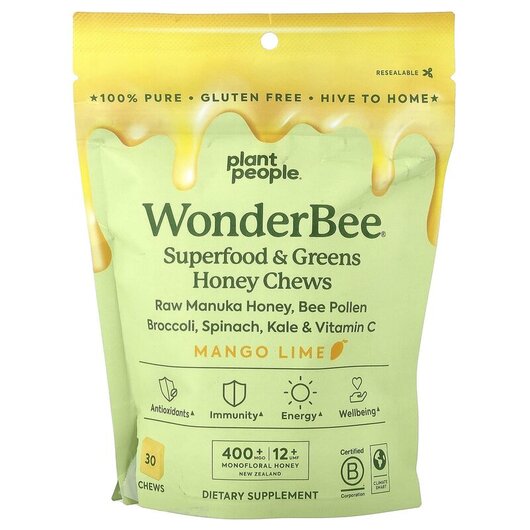 Основное фото товара WonderBee Superfood & Greens Honey Chews Mango Lime, Супергри
