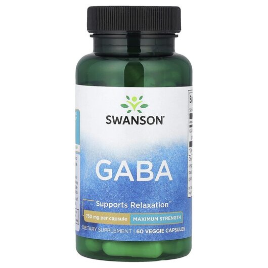 Основне фото товару Swanson, GABA Maximum Strength 750 mg, ГАМК, 60 Veggie Strength