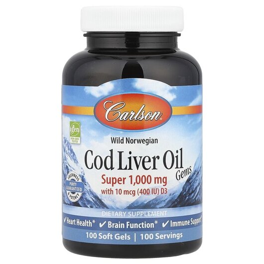 Основне фото товару Wild Norwegian Cod Liver Oil Gems Super 1000 mg Основне фото товару Cod Liver Oil Gems Super 1000 mg, Олія печінки тріски, 100 капсул