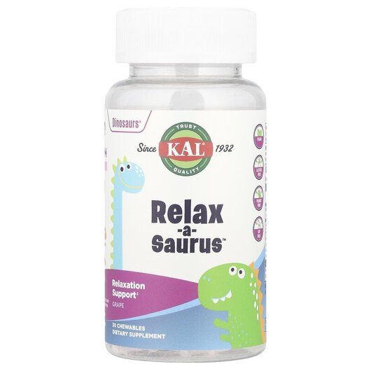 Основное фото товара Dinosaurs Relax-a-Saurus L-Theanine Blend Grape Основное фото товара KAL, L-Теанин, Dinosaurs Relax-a-Saurus, 30 конфет