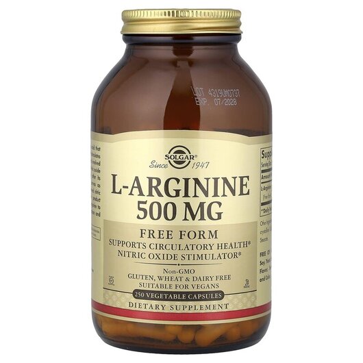 Основне фото товару Solgar, L-Arginine Free Form 500 mg, L-Аргінін 500 мг, 250 капсул