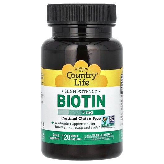 Основное фото товара Biotin High Potency 5 mg Основное фото товара Country Life, Биотин 5000 мкг, Biotin 5 mg, 120 капсул