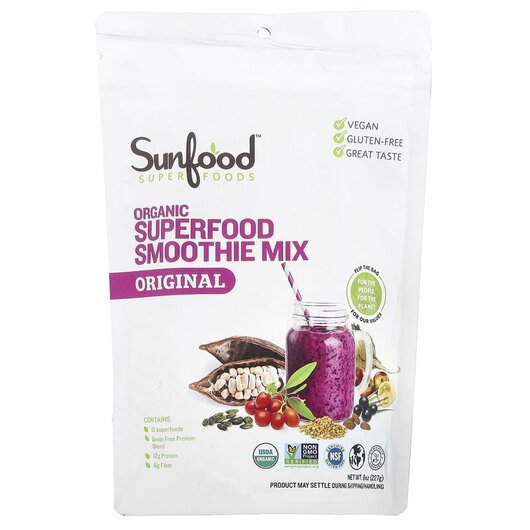 Основное фото товара Sunfood, Суперфуд, Raw Organic Superfood Smoothie Mix, 227 г