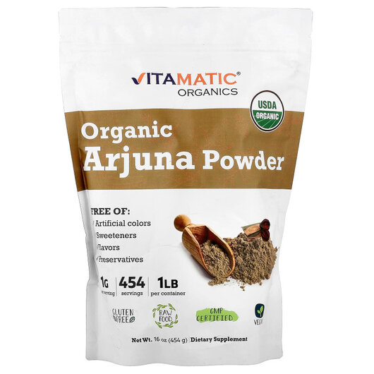 Основне фото товару Organic Arjuna Powder Основне фото товару Vitamatic, Organic Arjuna Powder, Арджуна, 454 г
