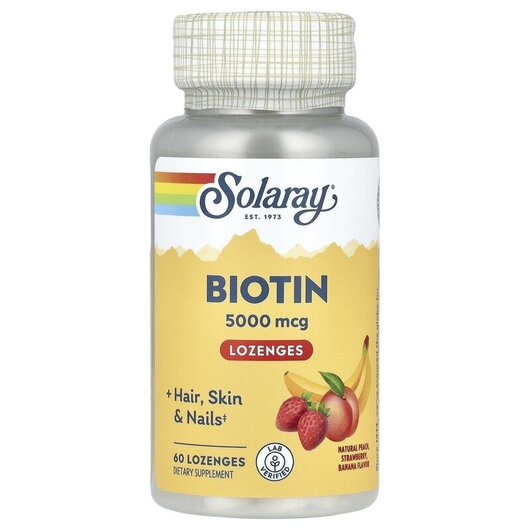 Основное фото товара Solaray, Биотин 5000 мкг, Biotin Peach Strawberry Banana, 60 паст