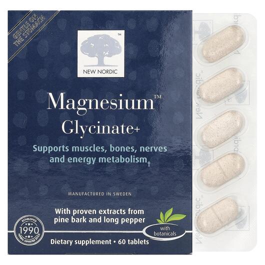 Основне фото товару New Nordic, Magnesium Glycinate+, Гліцинат магнію, 60 таблеток