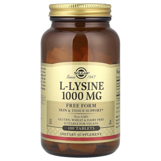 Основное фото товара L-Lysine Free Form 1000 mg Основное фото товара Solgar, L-Лизин 1000 мг, L-Lysine Free Form 1000 mg, 100 таблеток