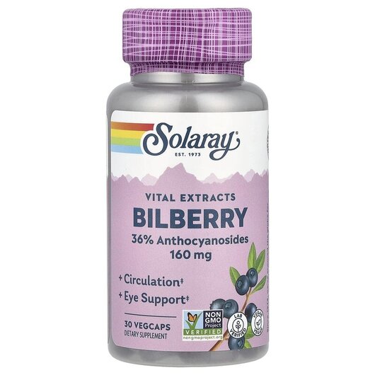Основное фото товара Solaray, Черника 160 мг, Bilberry Berry Extract 160 mg, 30 капсул