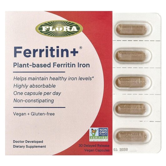 Основное фото товара Ferritin+ Plant-Based Ferritin Iron Основное фото товара Flora, Железо, Ferritin+ Plant-Based, 30 капсул