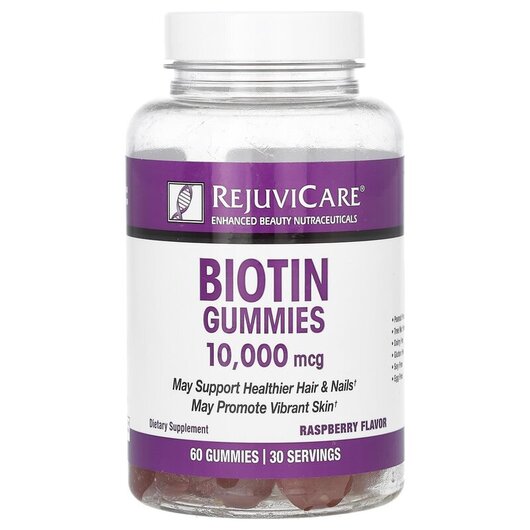 Основне фото товару Biotin Gummies Raspberry 10000 mcg, Вітамін B7 Біотин, 60 таблето