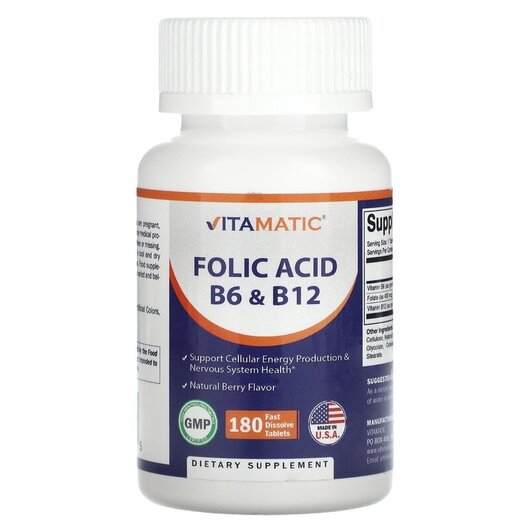 Основне фото товару Folic Acid B6 & B12 Natural Berry Основне фото товару Folic Acid B6 & B12 Natural Berry, Вітамін B6 Піридоксин, 180