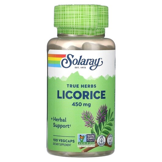 Основне фото товару True Herbs Licorice 450 mg Основне фото товару Solaray, True Herbs Licorice 450 mg, Лакриця, 100 капсул